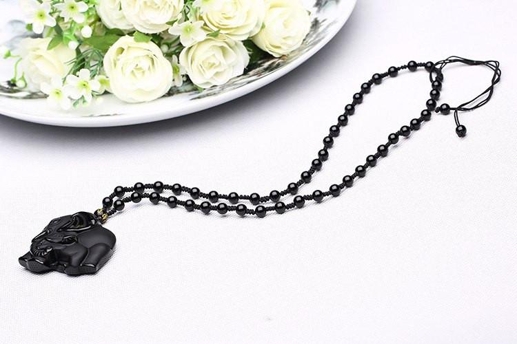Obsidian Carved Mother & Baby Elephant Necklace