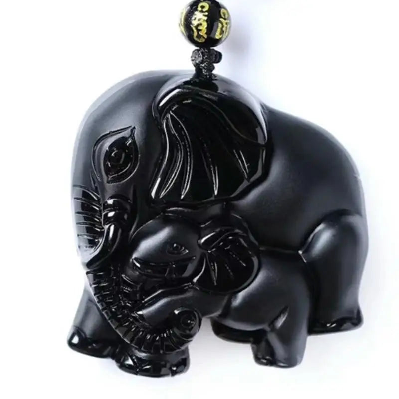 Obsidian Carved Mother & Baby Elephant Necklace